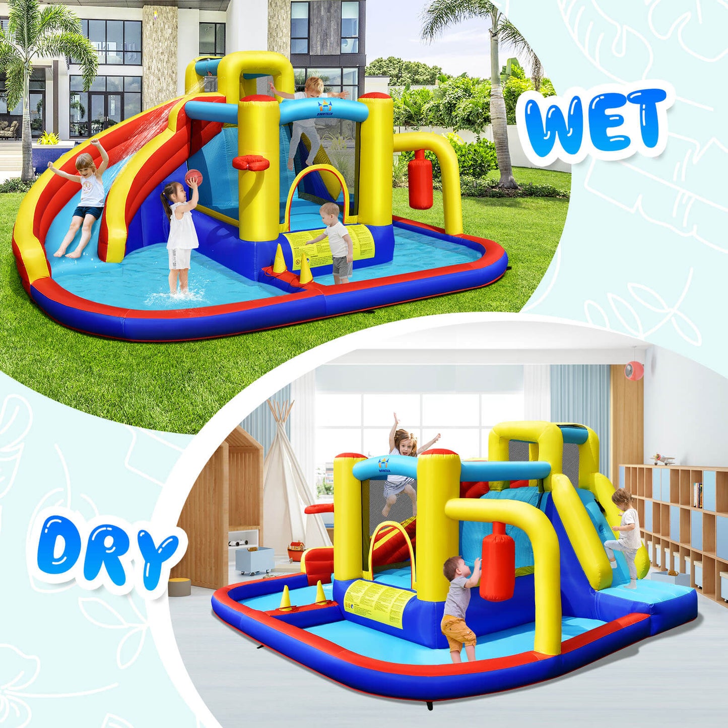 Castillo Inflable de Salto con Tobogán de Agua 7 en 1 con Piscina de Salpicaduras