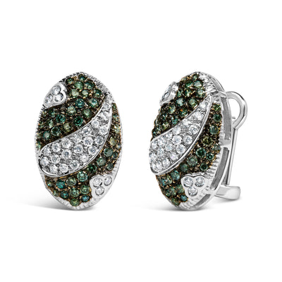 14K White Gold Oval Shield Omega Back Earrings with Blue and White Diamonds