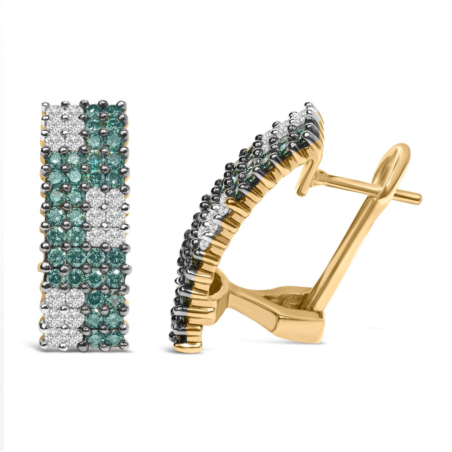 Boucles d'oreilles en or jaune 14K avec diamants blancs et diamants bleus traités