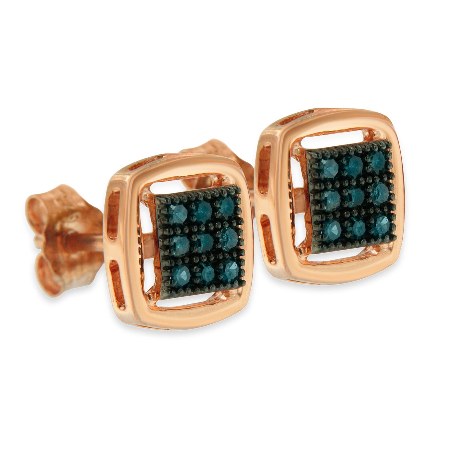 Pendientes de Stud de Diamante Azul en Plata de Ley Bañada en Rosa