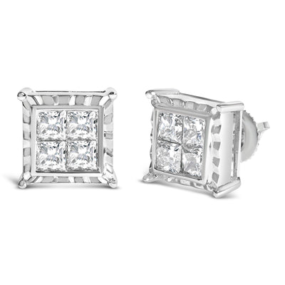 14K White Gold 2.00 Cttw Invisible Set Diamond Quad Stud Earrings