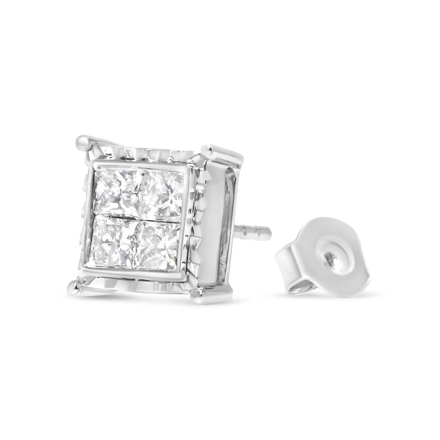 Boucles d'oreilles puces en diamant quad invisiblement serties en or blanc 14K 2.00 Cttw