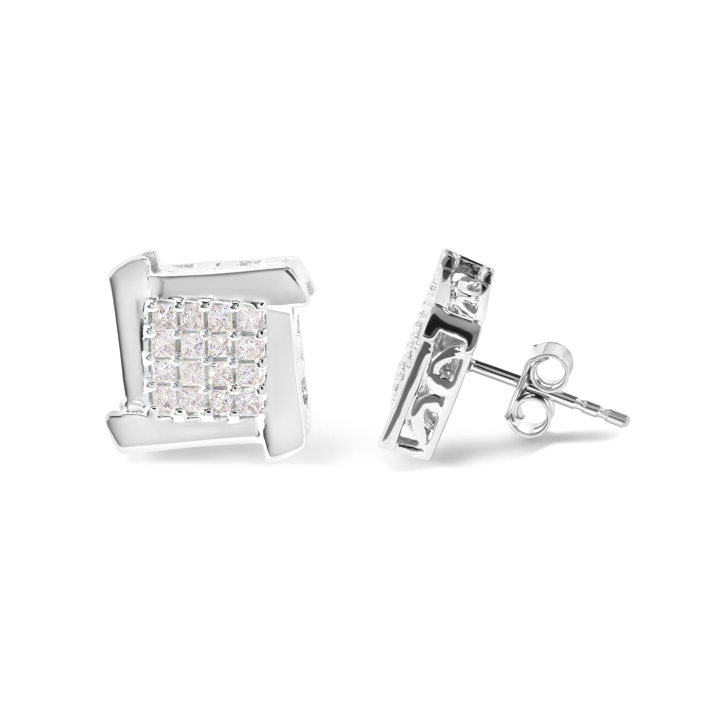 Boucles d'oreilles en diamant carré et tourbillon en or blanc 10K 1/2 cttw