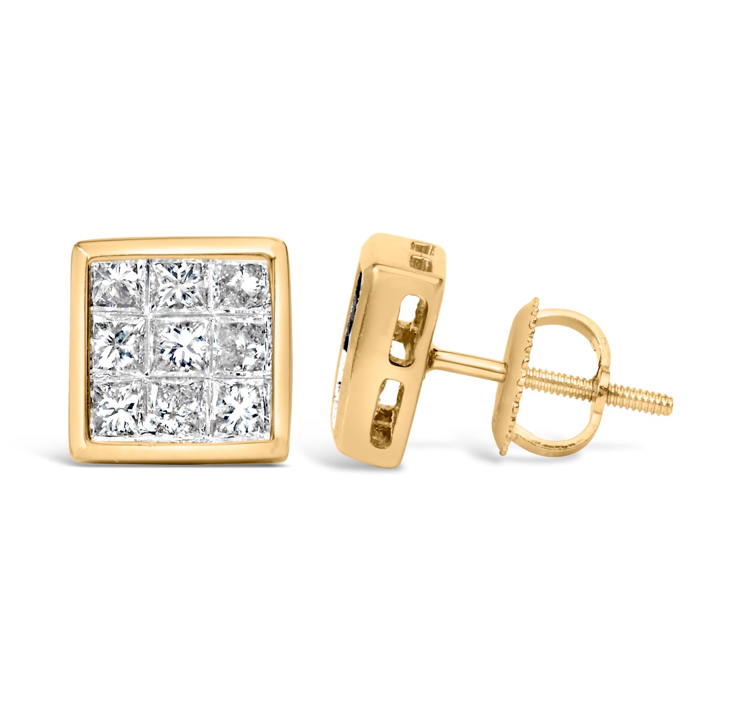 Pendientes de Stud de Diamante Compuesto de Corte Princesa de Oro Amarillo de 14K
