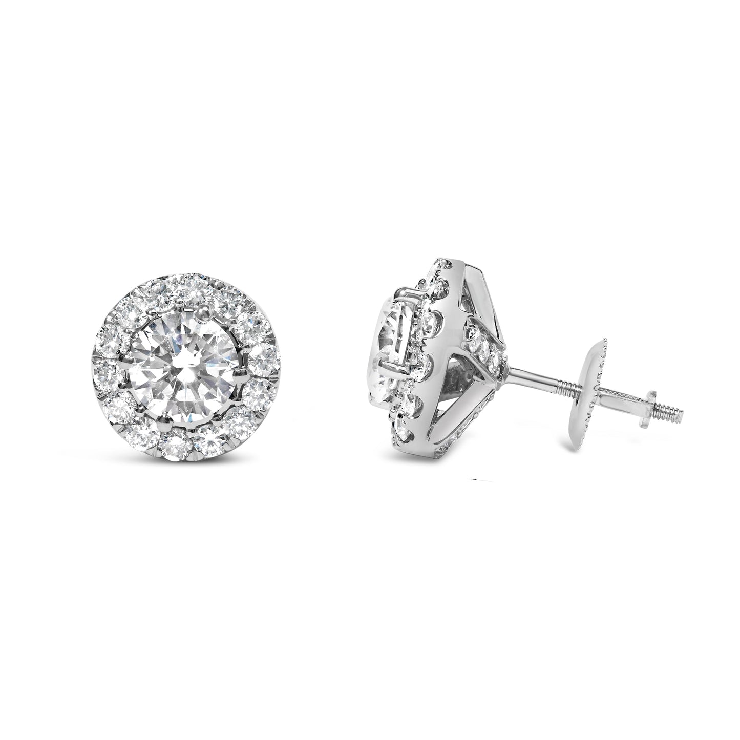 Boucles d'oreilles à clou en diamant lab-grown avec halo caché en or blanc 14K