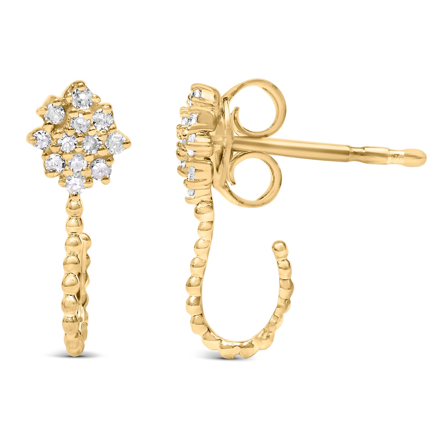 14K Yellow Gold Plated Sterling Silver Diamond Floral Cluster Hoop Earrings