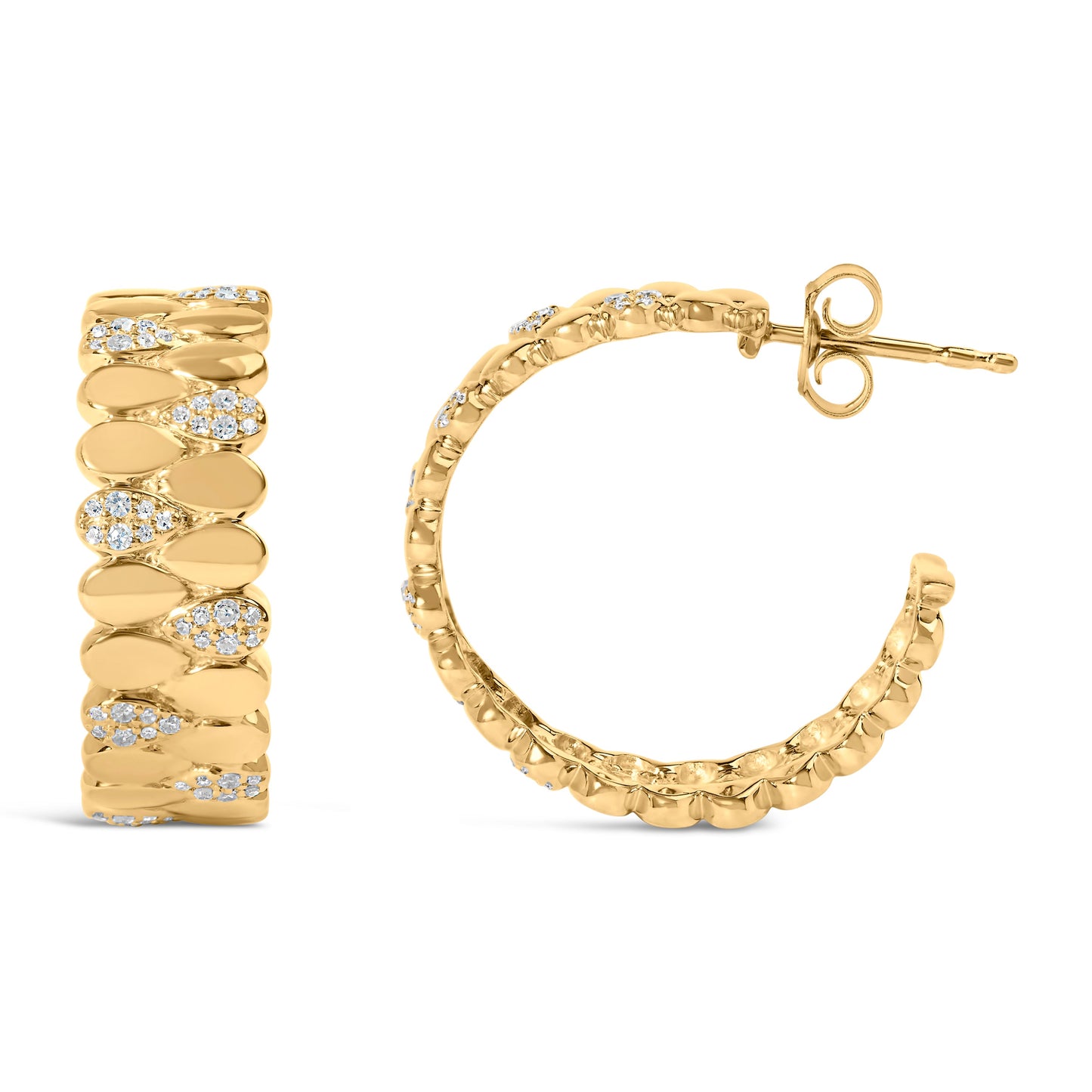 Pendientes J Hoop de enlace en forma de pera con pavé de diamantes chapados en oro amarillo de 14K