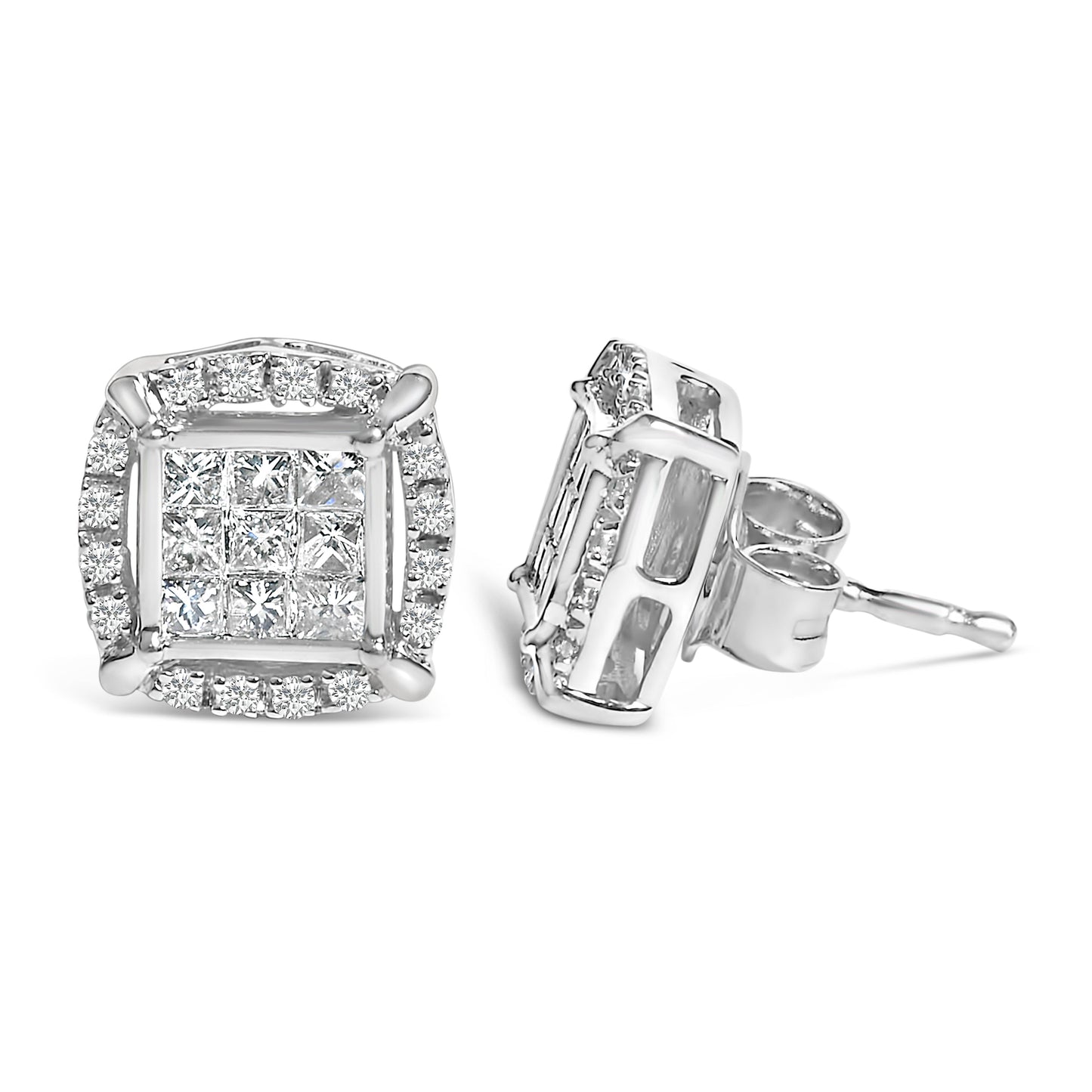 Boucles d'oreilles en argent sterling avec diamants taille princesse et halo