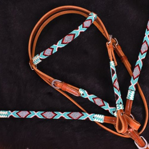 Turquoise & Red Beaded Leather Tack Set - Korvel