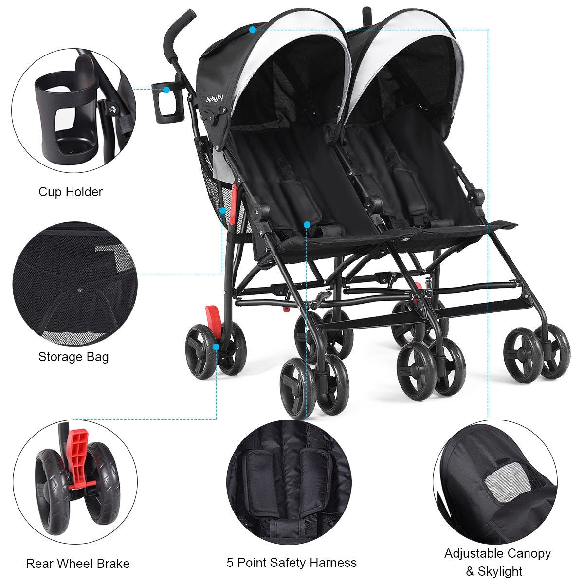 Poussette double pliable ultralégère pour jumeaux - Noir