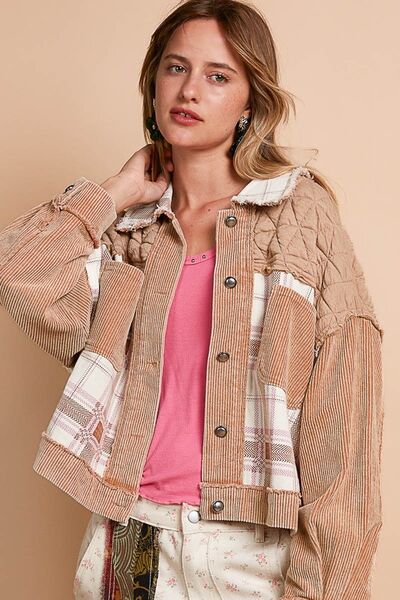 Women Retro Corduroy Jacquard Patchwork Button Up Jacket