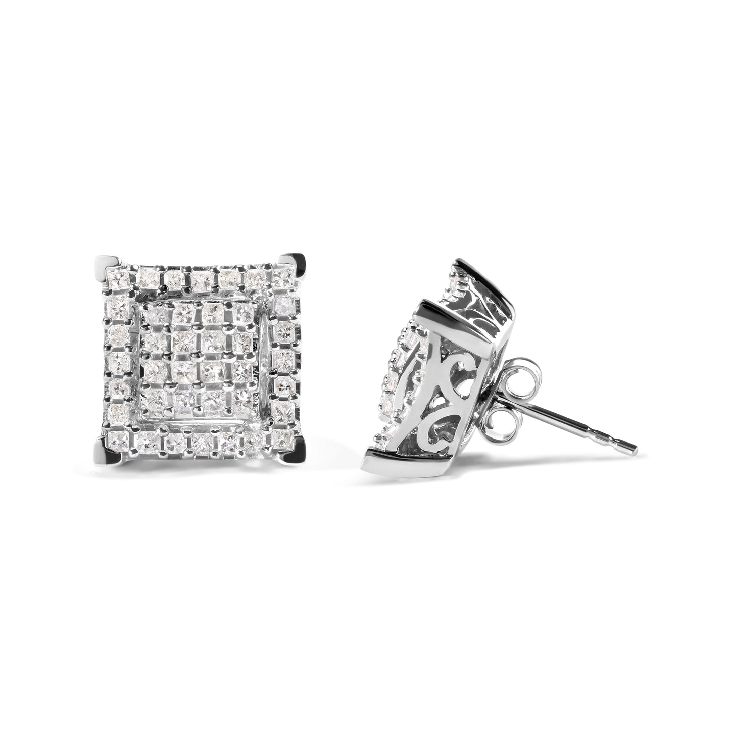 Boucles d'oreilles en diamant composite carré double halo en or blanc 10K