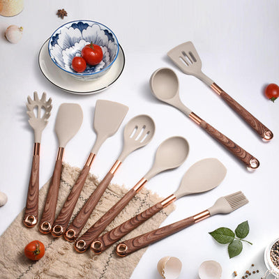 10 Pieces Kitchen Tools Set Wooden Handle Cooking Kitchen Utensil Set Silicone Utensils - Korvel
