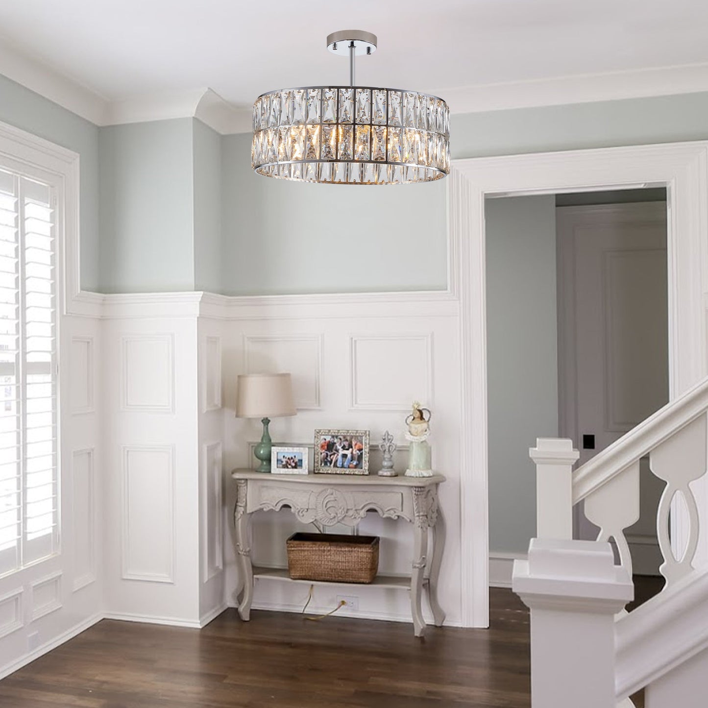 Modern crystal drum pendant light, 6-light pendant light, with silver metal frame (excluding light bulb) - Korvel
