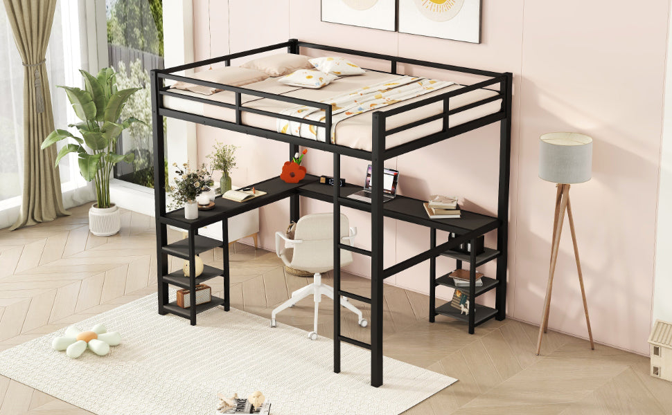 Cama loft de metal negro premium con escritorio y estantes