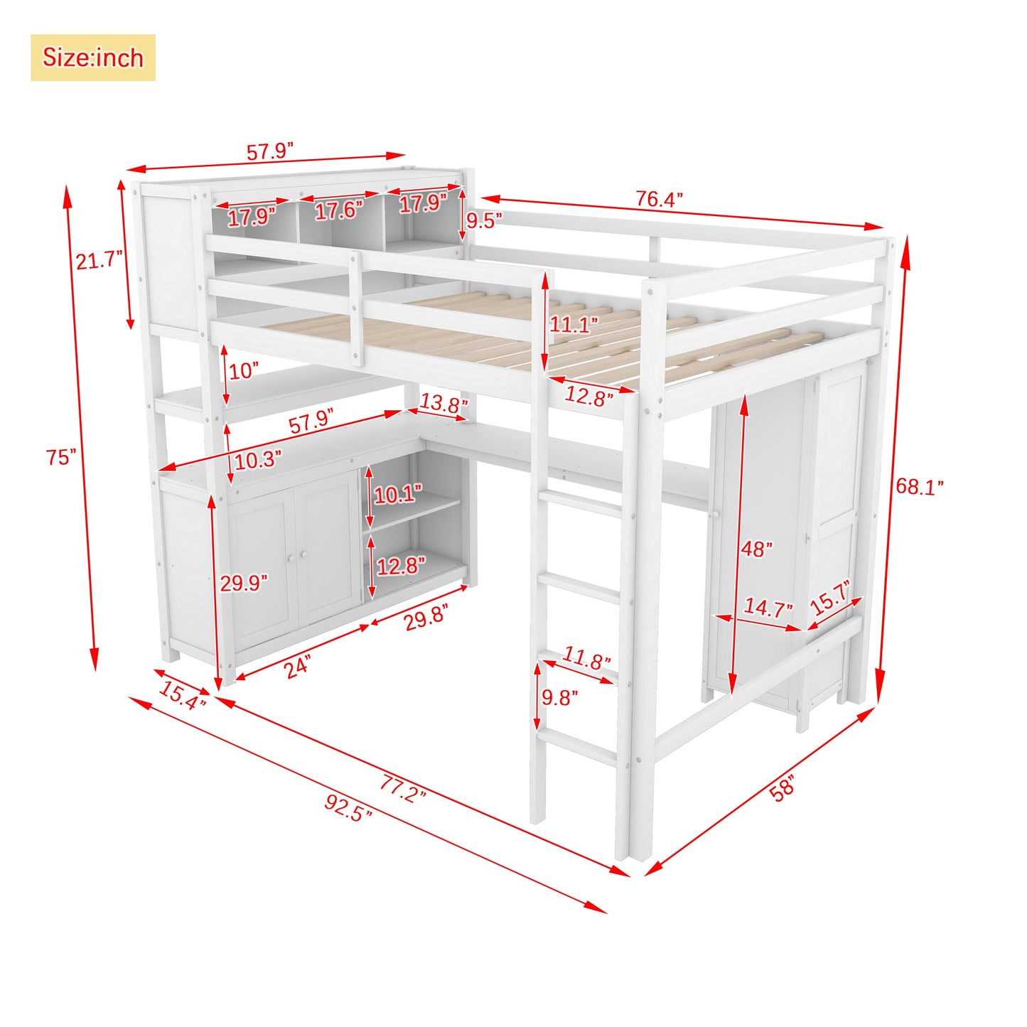 Wood Loft Bed with Cabinet and Bookshelf, Full Size Loft with Wardrobe and Desk for Kids,White - Korvel