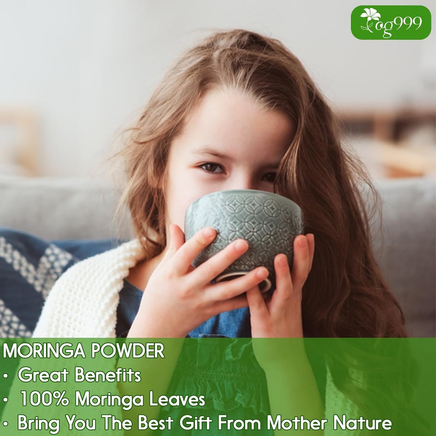 Polvo de hoja de moringa premium, 100 % natural y puro, sin aditivos, sin gluten, sin azúcar, vegano.