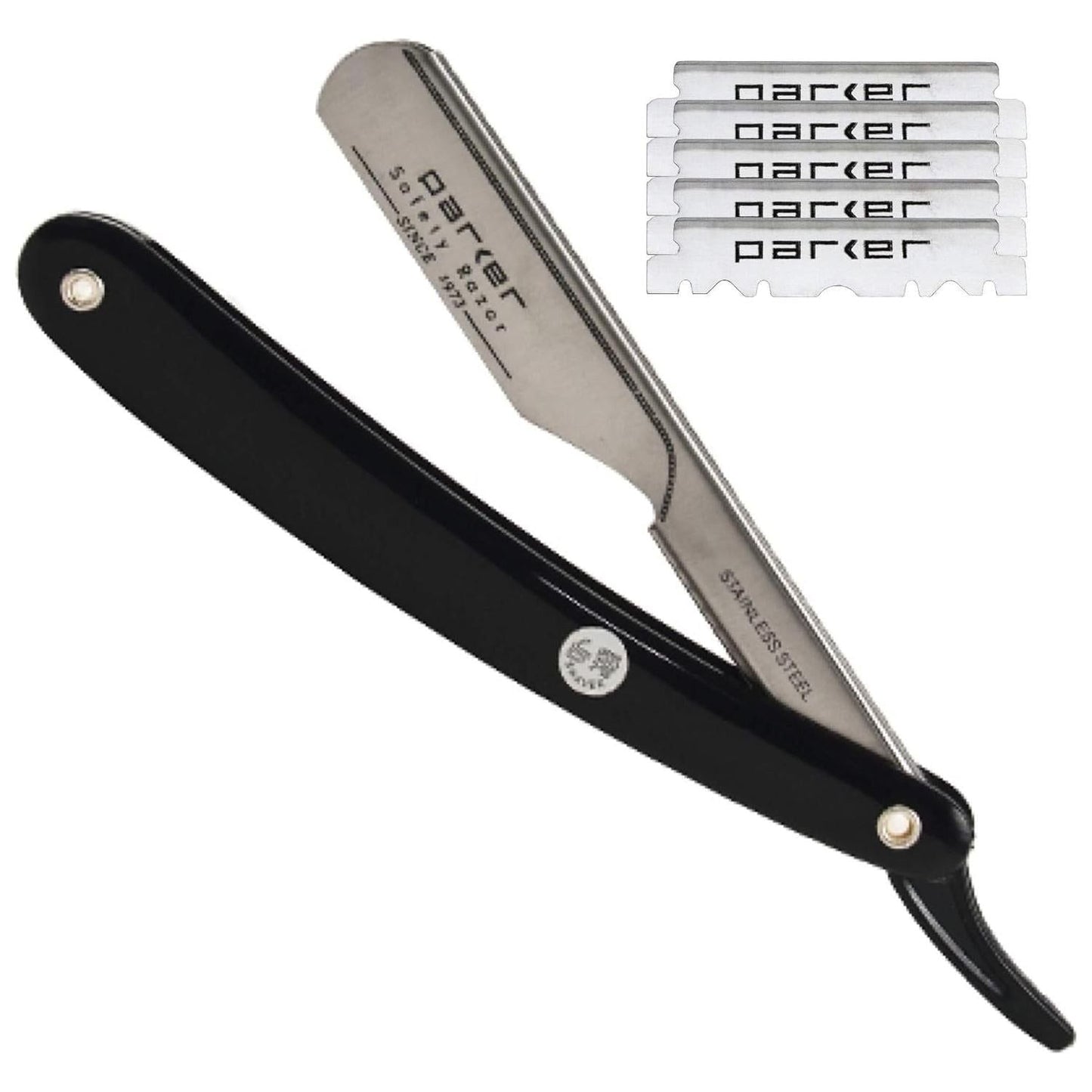 Razor de Barbero Recto Parker PTB de Tipo Push con Mango Negro