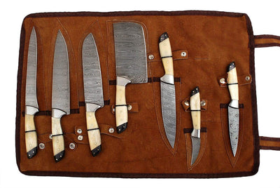 Premium 7-Piece Damascus Steel Chef Knife Set with Leather Roll - Korvel