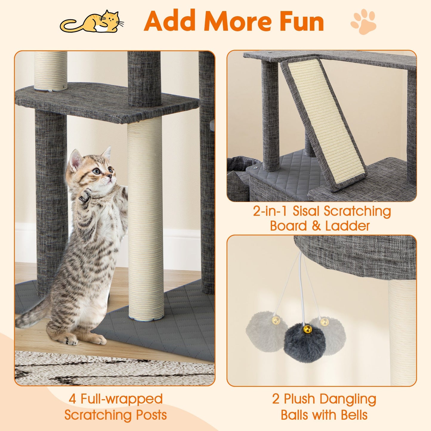 Árbol para gatos de 71 pulgadas de altura con múltiples niveles y postes para rascar - Gris