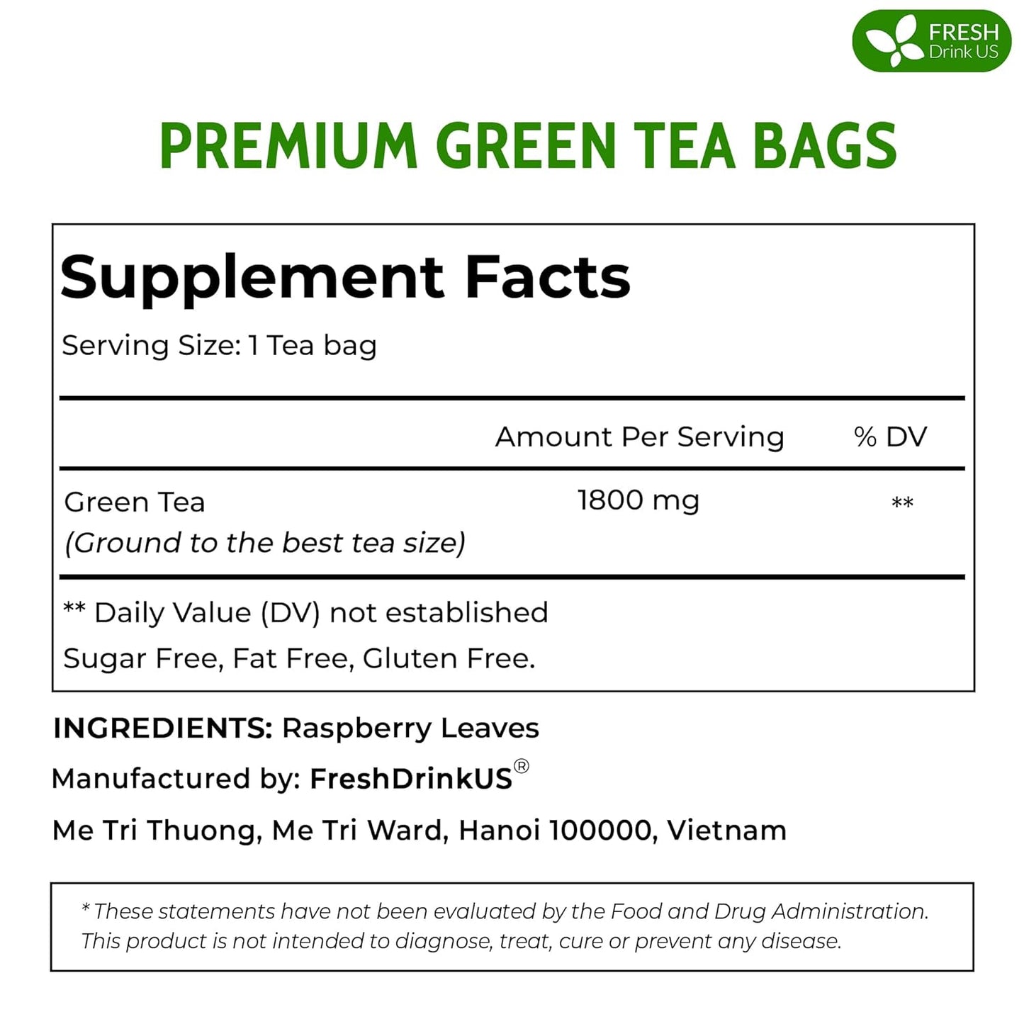 Bolsitas de té verde premium, 100 % natural y puro. Té verde de hierbas. Sin azúcar, sin gluten, vegano.