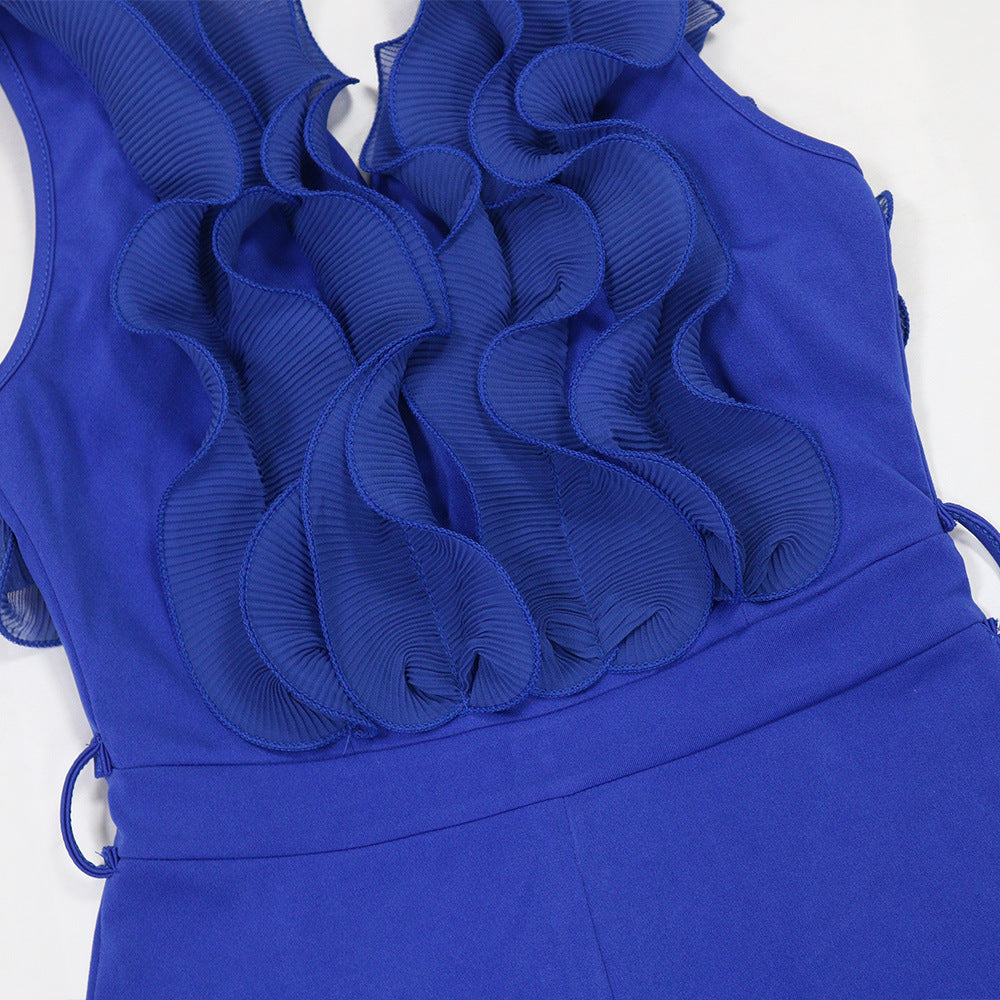 Sexy V-neck Backless Ruffle Tie-up Jumpsuit Casual Long Comfortable Fitted Women's Clothing - Korvel