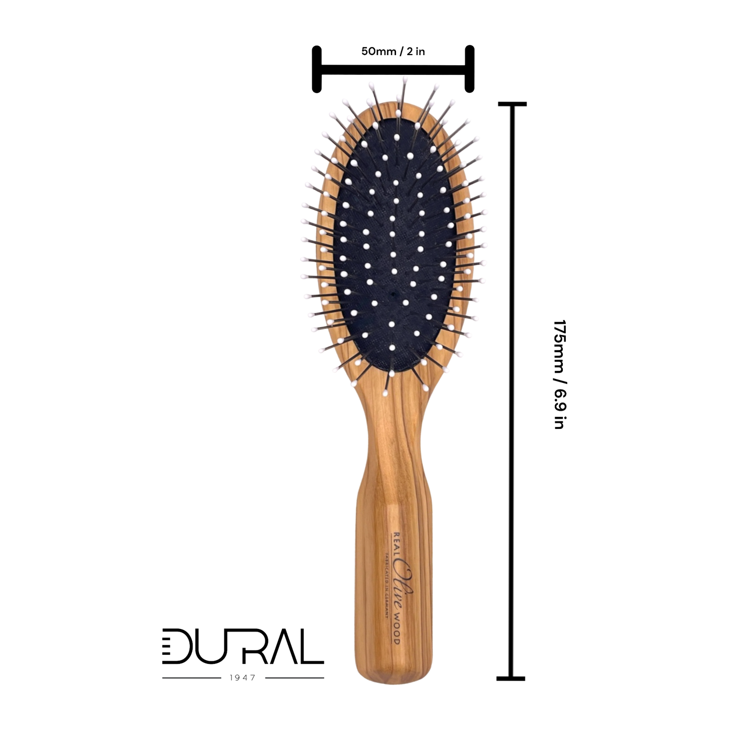 Brosse à cheveux en bois d'olivier Dural avec coussin en caoutchouc et épingles en acier