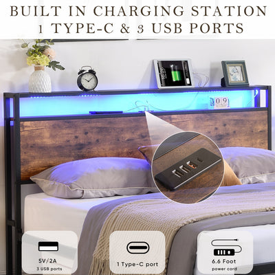 Full size bedstead with storage headboard and 2 drawers, LED light bed with charging station, metal Flat noodles support - Korvel