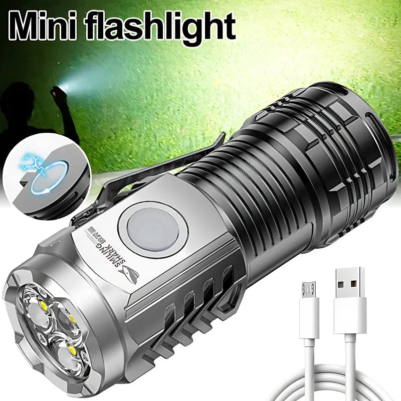 Mini Powerful LED Flashlight USB Rechargeable Strong Light Torch with Three Eye Flashlight Portable Camping Fishing Lantern - Korvel