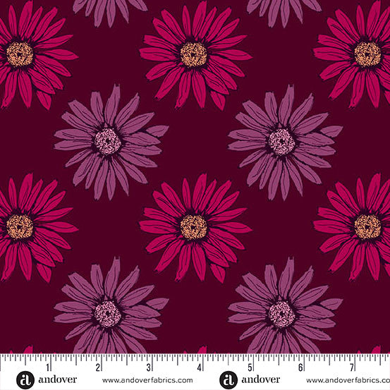 Tela de algodón de fondo ancho roja con margaritas Mystic Meadow de Nancy Rink