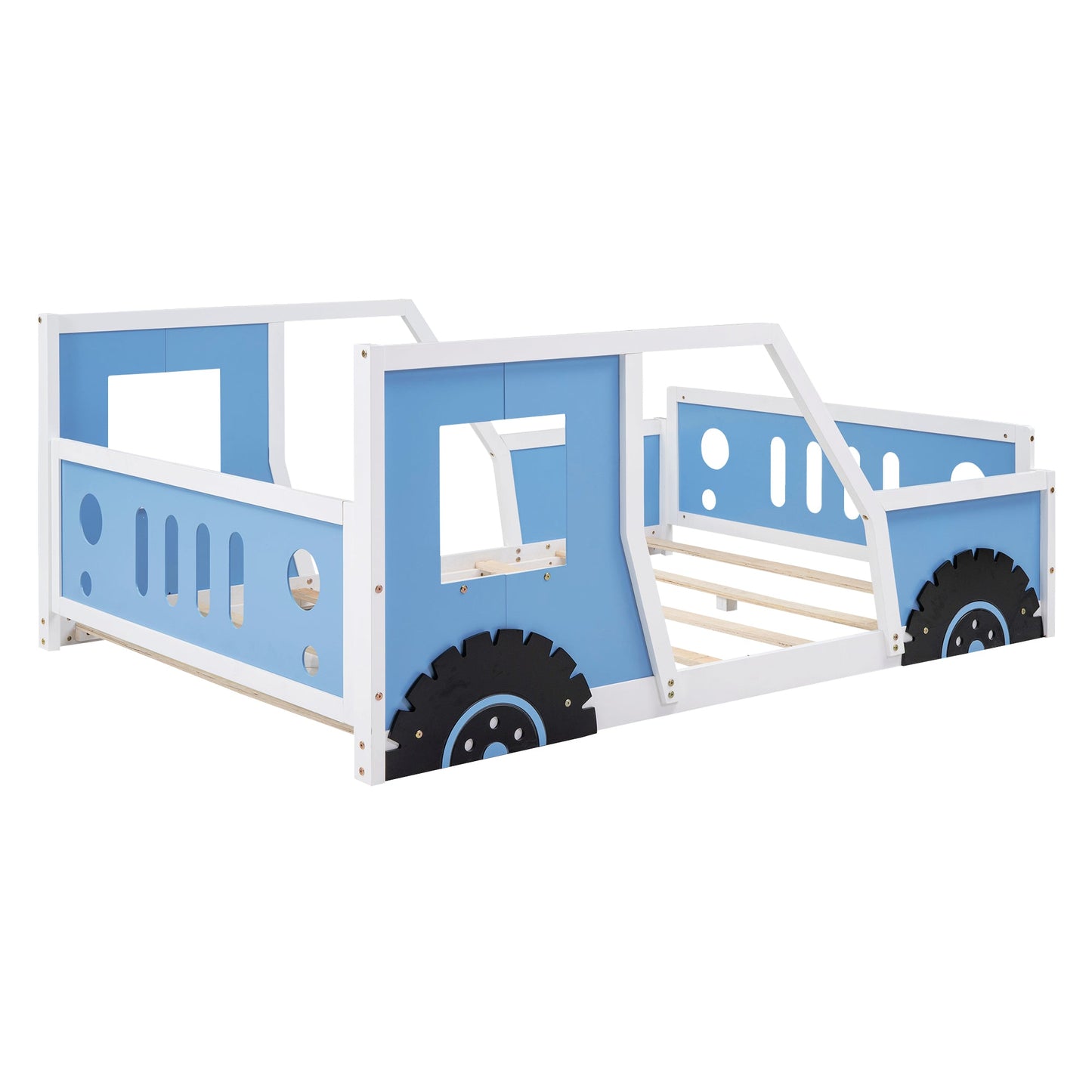 Full Size Classic Car-Shaped Platform Bed with Wheels,Blue - Korvel