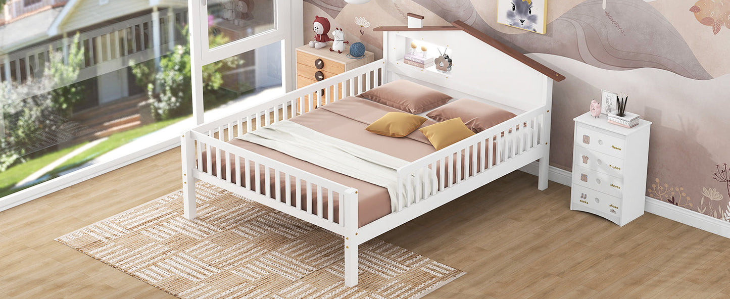 Full Size Wood Platform Bed with House-shaped Headboard, LED and Built-in Storage, White - Korvel