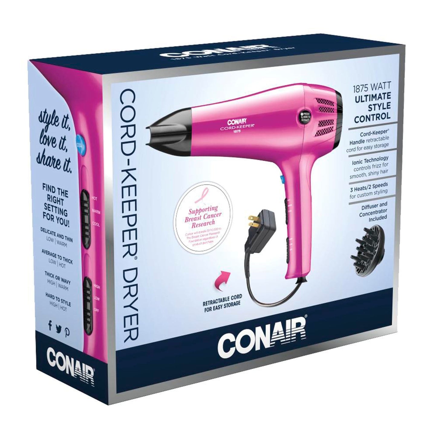 Sèche-cheveux ionique en céramique Conair 209R avec cordon rétractable - Rose