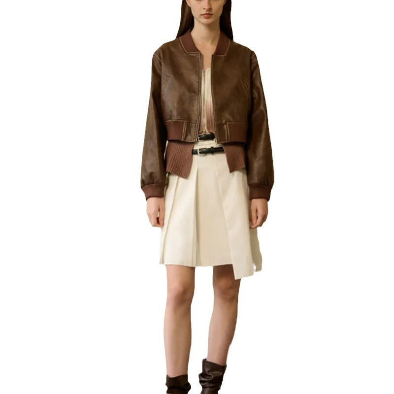 Retro-Inspired Zippered Leather Bomber Jacket