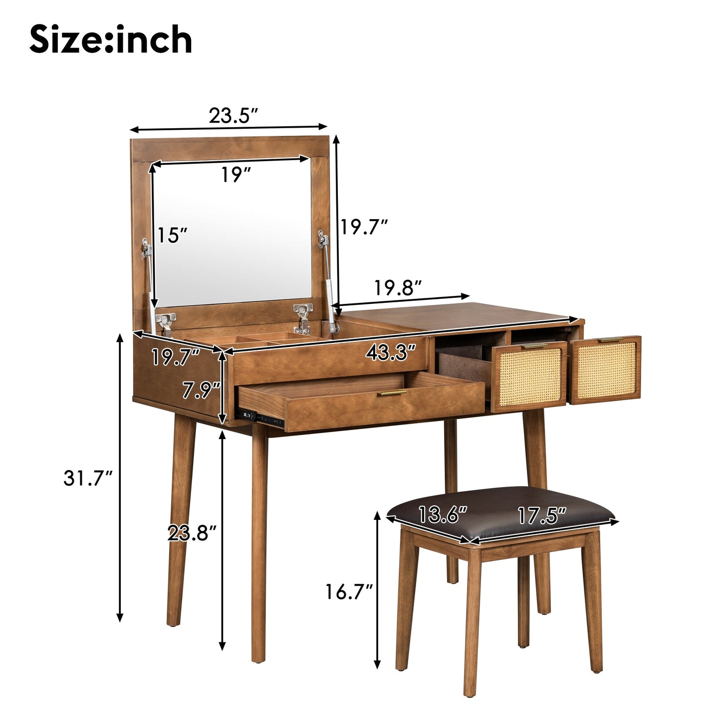43.3" Wooden Vanity Set with Flip Mirror and Stool