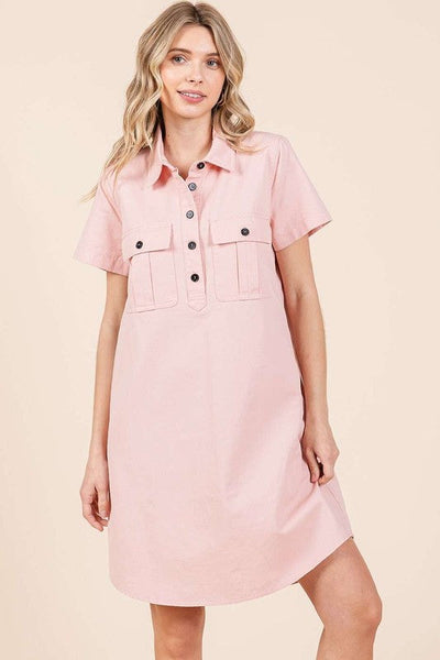 Button Detail Collared Neck Short Sleeve Shirt Dress for Women