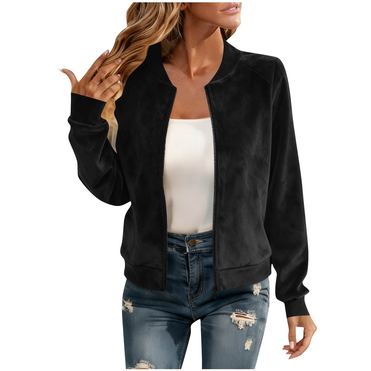 Elegant Round-neck Zip-up Deerskin-fleece Bomber Jacket