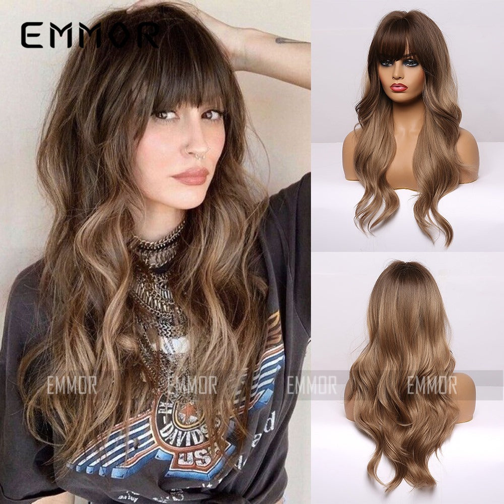 Natural Long Curly Hair Wig with Bangs - Black Brown