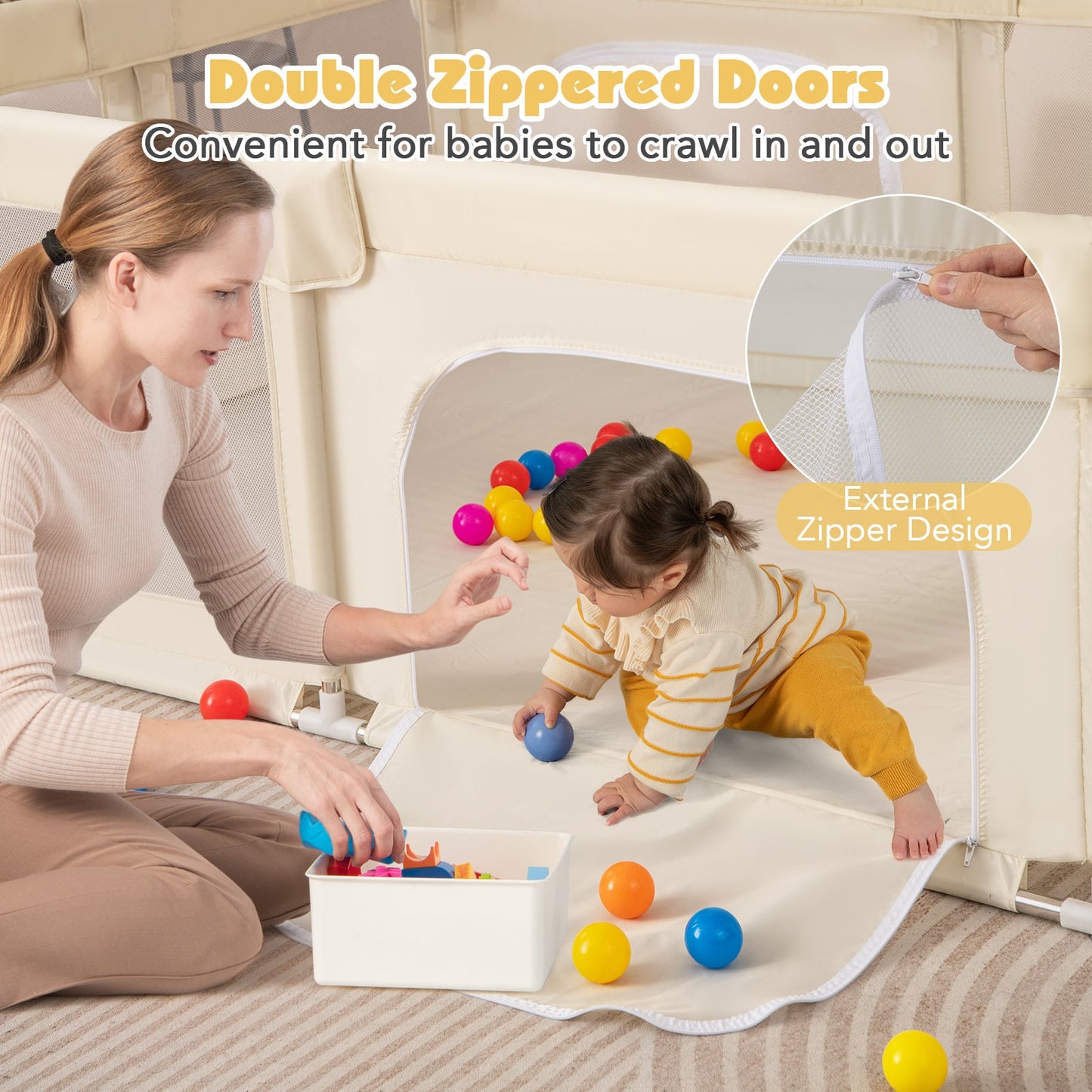 Grand parc de jeu pour bébé avec maille respirante et portes à fermeture éclair - Beige