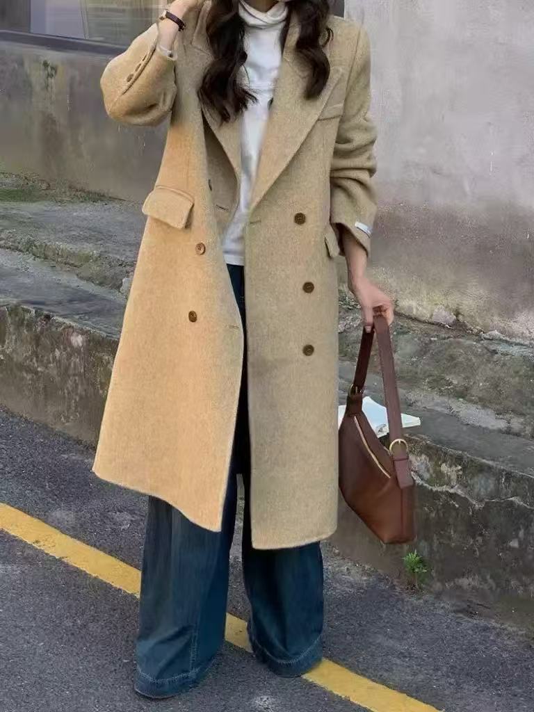 Elegante abrigo de lana de doble cara largo por encima de la rodilla para mujeres