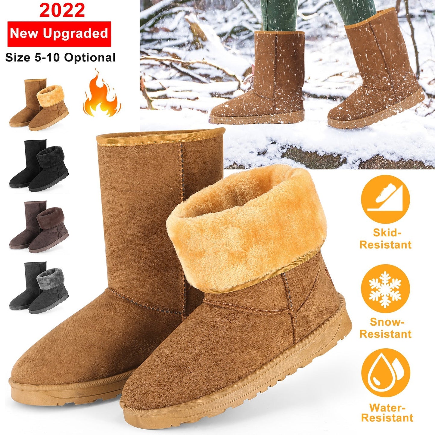 Women's Waterproof Faux Suede Mid-Calf Snow Boots with Fur Lining