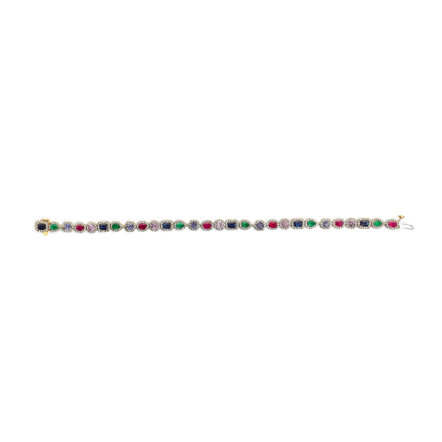 14K Yellow Gold Multi-Gemstone and Diamond Halo Tennis Bracelet