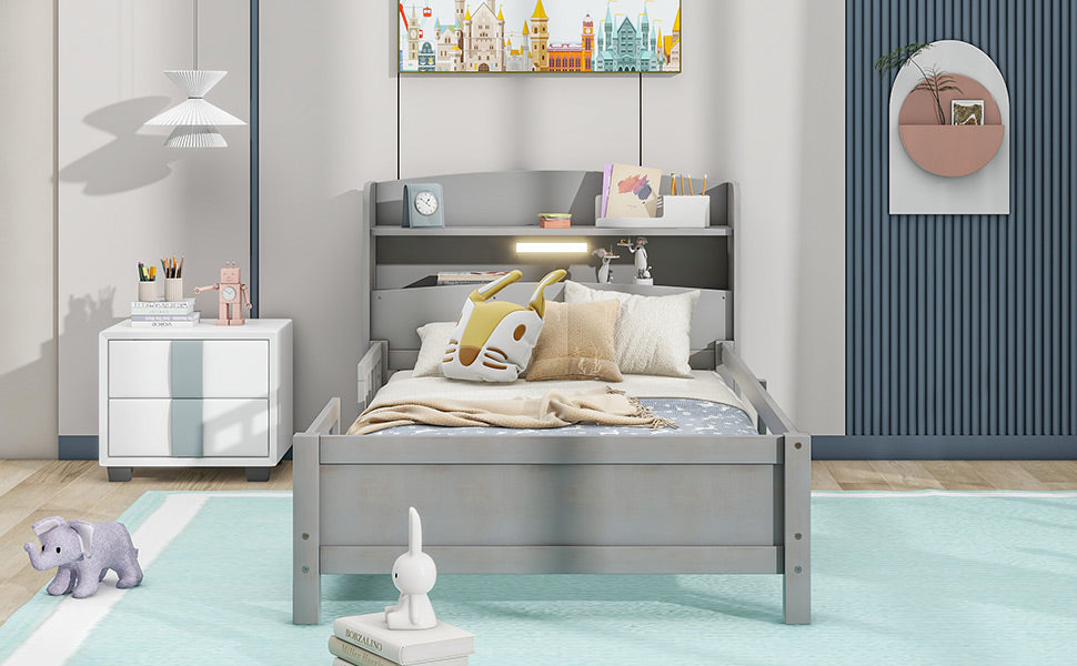 Wood Twin Size Platform Bed with Built-in LED Light Storage Headboard and Guardrail Antique Grey - Korvel