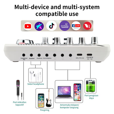 F998Pro live singing sound card white English version intelligent noise reduction integrated microphone - Korvel