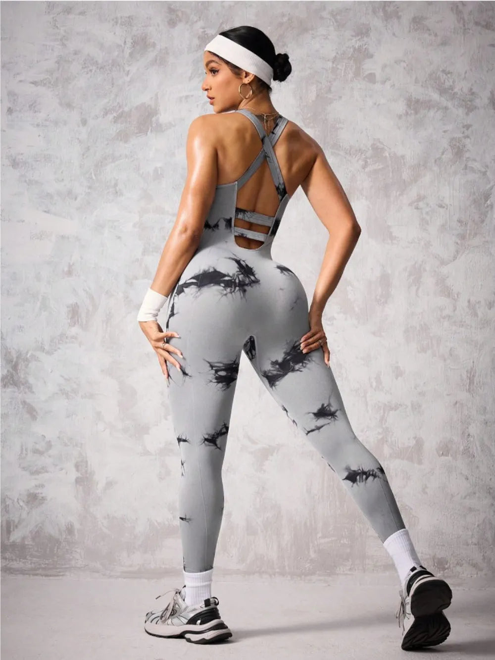 Back Crisscross Tie-Dye Scoop Neck Active Jumpsuit - Korvel
