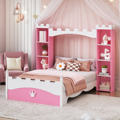 Castle-Shaped Wooden Twin Bed with Storage Shelf in Pink & White