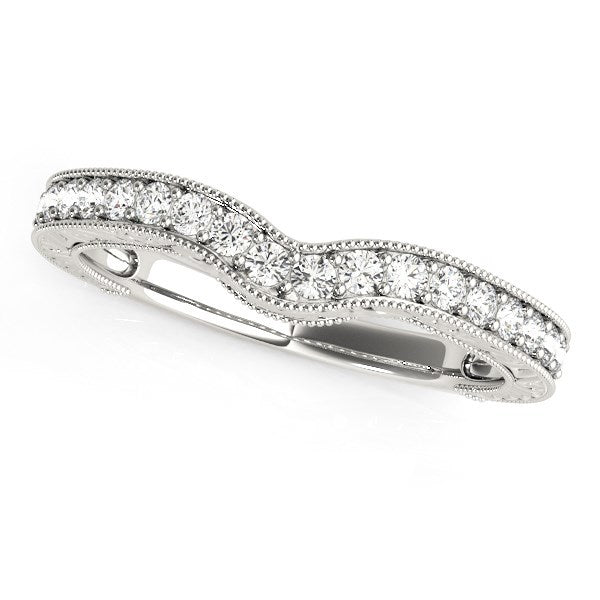 Bague de mariage en diamant courbé avec bord perlé en or blanc 14k