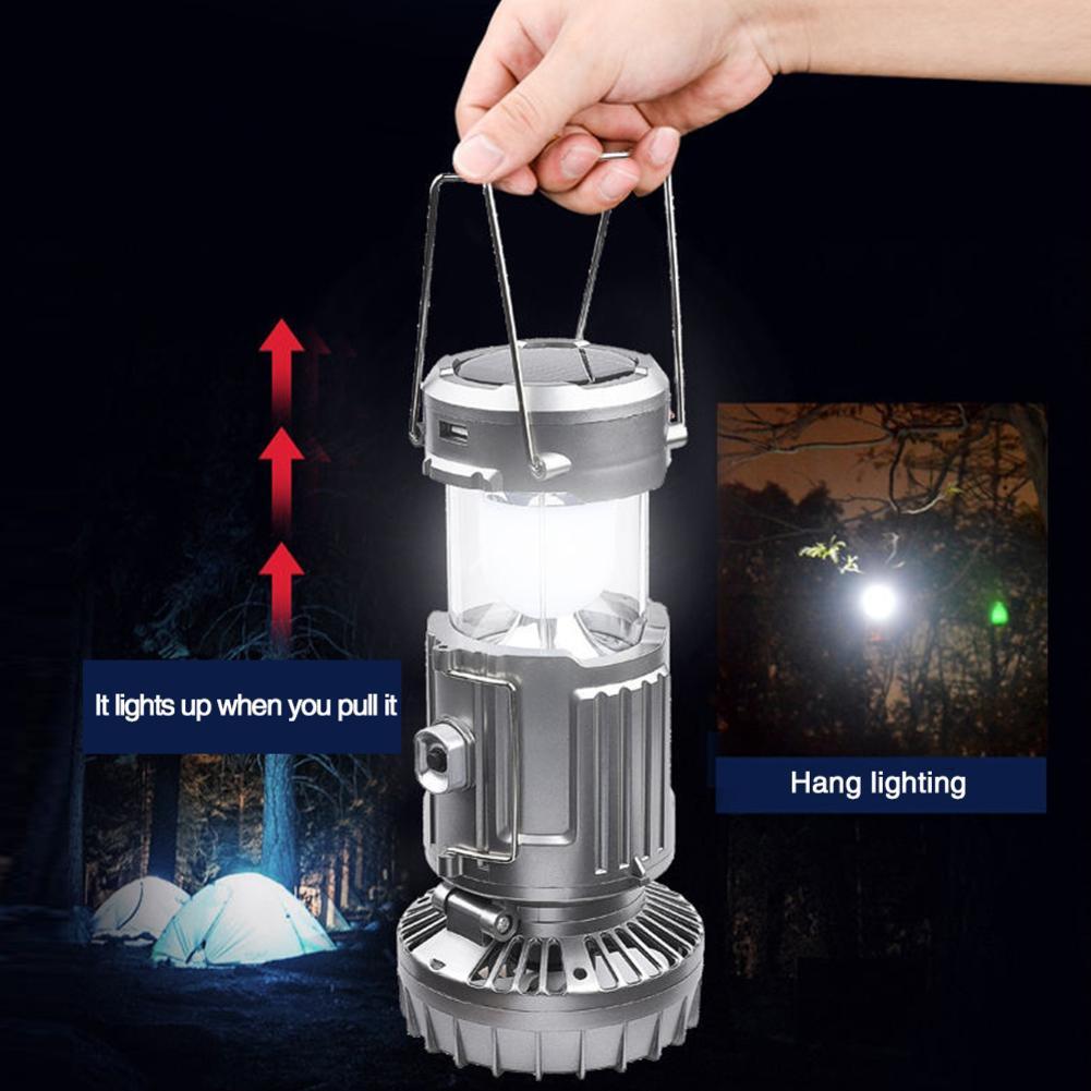 Portable Outdoor LED Camping Lantern With Fan Solar Charge Rechargeable Light Hanging Tent Lamp Fish Flashlight - Korvel