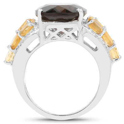 Bague en argent sterling avec quartz fumé de 9,74 carats, citrine et topaze blanche