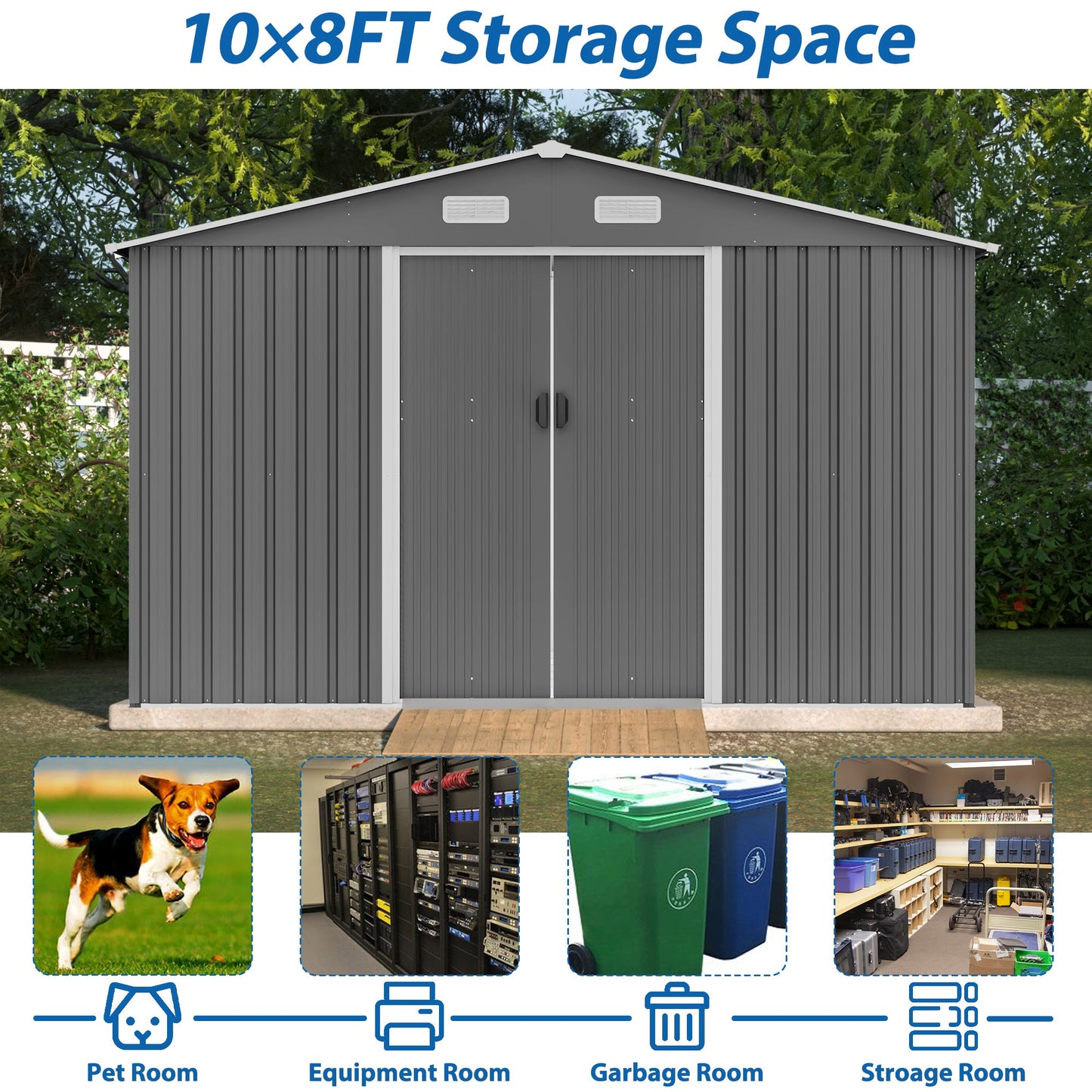 10X8 FT outdoor tool storage shed with metal foundation and lockable door, all-weather metal shed, gray - Korvel